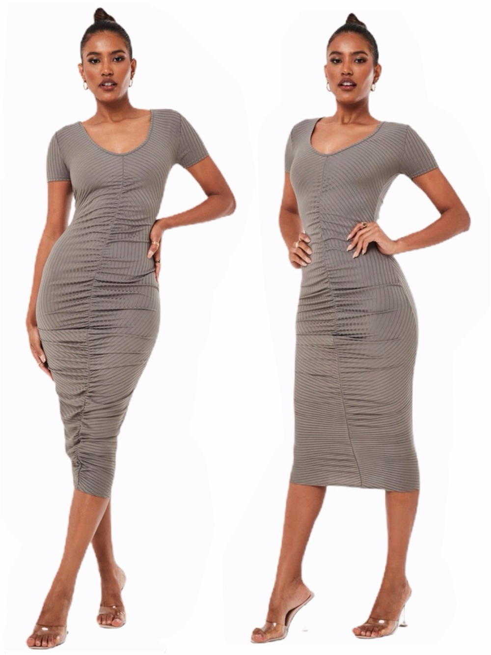 MISSGUIDED GRAY RIB V NECK RUCHED FRONT MIDI DRESS - BNWT
